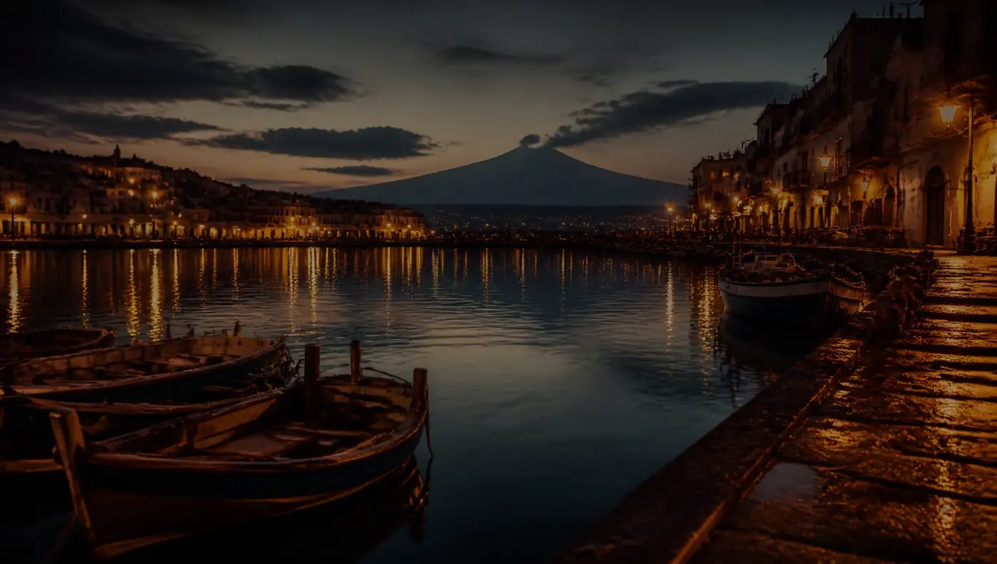 Veduta della città di Sicilia Bedda dal porto fino alle alture, con l'Etna sullo sfondo